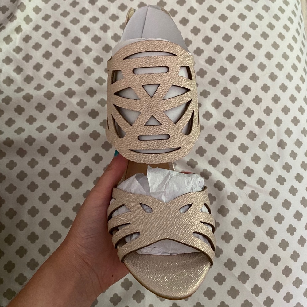 NEW Audrey Brooke Champagne Sparkle Caged Heels